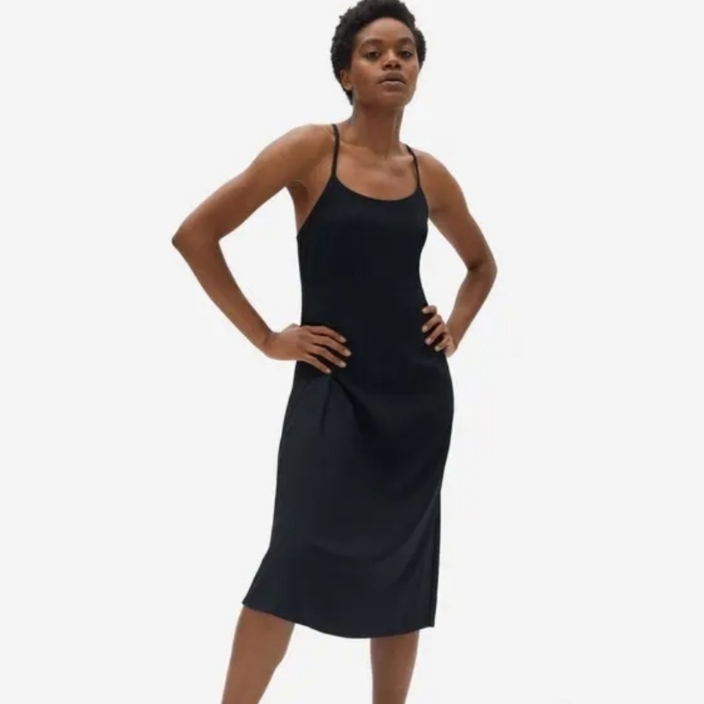 Everlane Japanese GoWeave Black Cross-Back Slip Dress 4 Midi Length